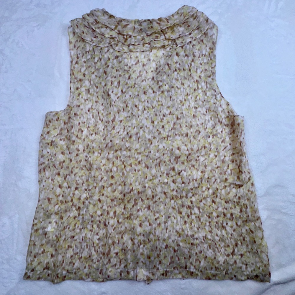 Talbots Blouse Womens 10 Tan Silk Ruffle V-Neck Sleeveless Abstract Ikat Top - Picture 7 of 8